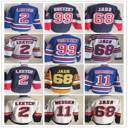 Vintage NY hockey truien 11 Mark Messier 99 Wayne Gretzky 68 Jaromir Jagr 2 Brian Leetch gestikt retro uniformen marineblauw wit