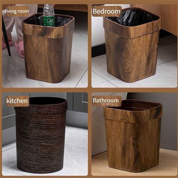Rétro imitation bois grain poubelle ménage créatif salon cuisine salle de bain papier panier en plastique avec anneau de pression 211222
