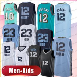 Hommes Enfants Ja Morant Basketball Jersey 23 Derrick Rose Mike Bibby Vert Bleu Blanc Morant 12 Chemises cousues Garçons Rétro Bibby Maillots