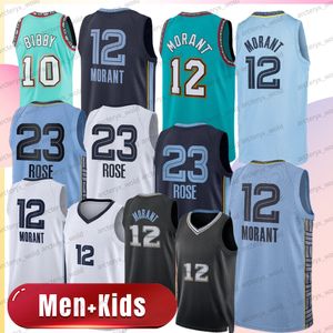 Heren Kinderen Ja Morant Basketbal Jersey 23 Derrick Rose Mike Bibby Groen Blauw Wit morant 12 Gestikte Shirts Jongens Retro Bibby Jerseys