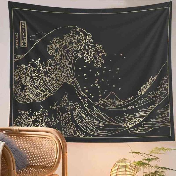 Tapis mural suspendu rétro japonais Kanagawa Wave, noir et blanc, tapisserie de surf, tapis d'art vintage J220804