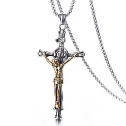 Hommes rétro jésus croix pendentif collier en acier inoxydable plaqué or bijoux de mode cadeau non décoloré pas sensible