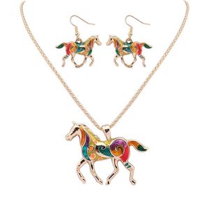 Nuevo conjunto de joyería colorida de moda, collar con colgante de caballo arcoíris con goteo de aceite para mujer, venta al por mayor