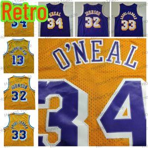 Maillot de basket-ball rétro Johnson Wilt Chamberlain Shaq jaune Dennis Rodman violet O 34 Neal Throwback Mens New Jerseys cousus 24 8