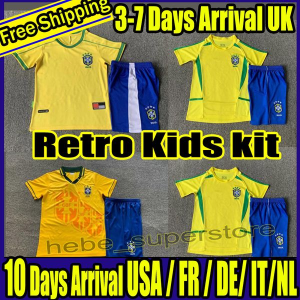 Retro Kids 1998 Brasil camisetas de fútbol 2002 camisetas retro Carlos Romario Ronaldinho 2004 camisa de futebol 1994 Brasil 2006 1982 RIVALDO ADRIANO JOELINTON 1988 2000