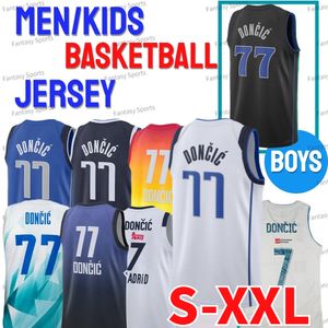 Tokyo SlovenijaReal Madrid # 7 Doncic 77 Retro Kids Luka Maillot de basket-ball cousu 77 Maillots de basket-ball Jeunes garçons Hommes Bleu Blanc