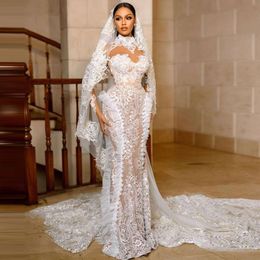 Retro Lace Mermaid -jurken Saoedi -Arabië Hoge nek Pure Long Sheeves Bridal Trows Sweep Train Wedding Vestidos 0530