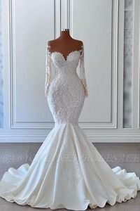 Magnifique robe de mariée de sirène 2024 Couper à manches longues perles en dentelle Robes de fête nuptiale Vestidos de Noiva Robe de Mariee BC14202 0408