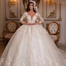 Retro Kant Trouwjurken Prinses Baljurk Kralen Bruidsjurken Glanzend Lange Mouwen Ivoor Dubai Huwelijk Jurk 2023