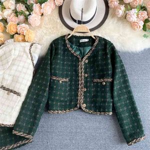 Rétro Dames Veste Courte Femmes Mode Coréenne O Cou À Manches Longues À Manches Longues Slim Sexy Plaid Tweed Crop Manteau D'extérieur 210603