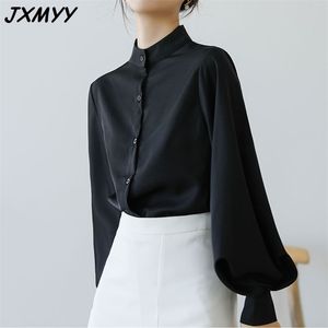 Camisa de manga de linterna retro Mujer Oficina Damas Negro Blanco Camisa de gasa Top Casual OL Coreano Sólido Suelto de alta calidad JXMYY 210412