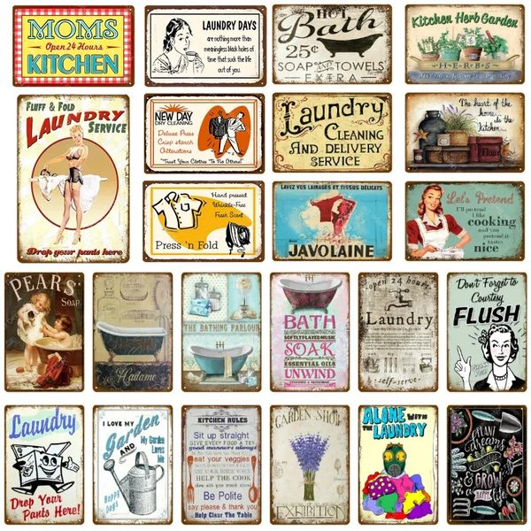 Rétro Blanchisserie Service art Peinture En Métal Tin Sign Cuisine Herbe Jardin Affiche Plaque Murale Vintage Peinture Plaque Pour Boutique Maison Salle De Bain Décor Taille 30X20CM w02