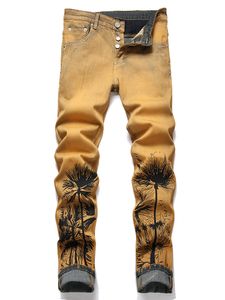 Jean Skinny rétro imprimé feuilles pour hommes, pantalon en Denim droit extensible, coupe cintrée, pantalon décontracté de rue de printemps