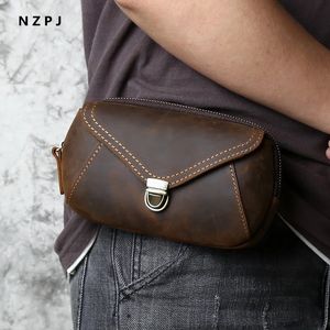 Sac de téléphone portable en cuir rétro pour hommes sac de taille en cuir de cheval fou couche supérieure en peau de vache pochette sac à bandoulière bandoulière NZPJ 240117