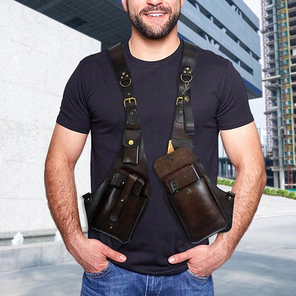 Sacs à bandoulière en cuir rétro avec bandoulière sous les bras, sac carré d'extérieur pour hommes et femmes, sac pour téléphone portable