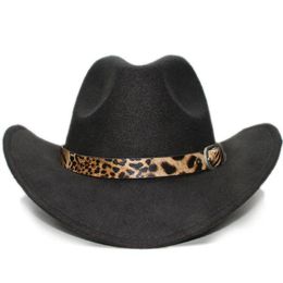 Rétro imprimé léopard bande de cuir parent-enfant unisexe adulte enfant laine à large bord Cowboy Western chapeau Cowgirl casquette 545761 cm 240130