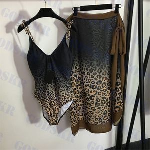 Traje de baño retro de leopardo Falda para mujer Traje de baño de dos piezas con cuello en V Traje de baño de una pieza Vestido de playa al aire libre Traje de baño con cordones