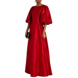 Retro Long Red Taffeta Avondjurken met mouwen Midden-Oosten A-lijn O-Neck Ploes Floxengte Zipper Back Robe de Soiree voor vrouwen