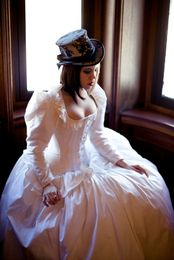 Retro lange mouw Steampunk trouwjurk alternatief korset bruidsjurken vierkante nek witte vintage Victoriaanse witte baljurk maskerade jurken voor vrouwen