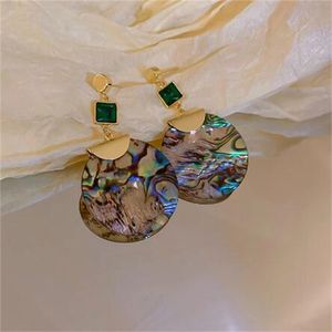 Boucles d'oreilles rétro longues pampilles en métal carré en verre vert, grandes coquilles rondes pour femmes, boucles d'oreilles pendantes de personnalité, bijoux GC1240