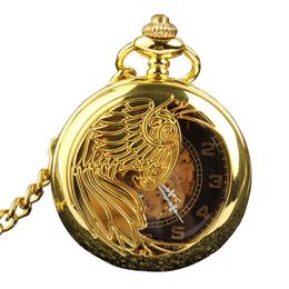 Retro Luxury Gold Silver Semi Curning Phoenix Wing Curving Case Squelette Hand Wind Mechanical Pocket Fob Watches Men Gift Bag263C