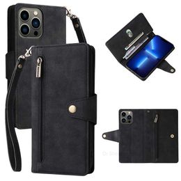 Funda de teléfono con cremallera en folio magnético retro para iPhone 14 13 12 Mini 11 Pro Max XR XS 7 8 Plus SE2 SE3 Durable Múltiples ranuras para tarjetas Cuero mate