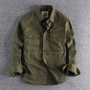 Rétro Mâle Cargo Chemise Veste Toile Coton Kaki Militaire Uniforme Léger Travail Occasionnel Safari Style Chemises Hommes Top Vêtements 240308