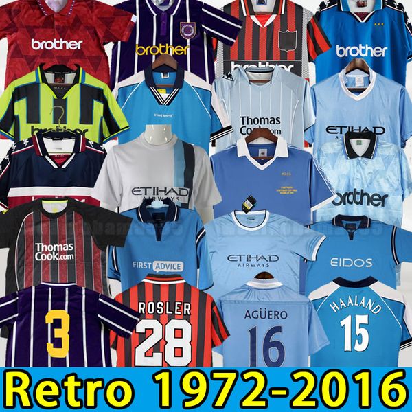 Maillots de football rétro Man City Haaland EIDOS 2015 16 Gallagher WEAH Tevez Kun Aguero Dzeko Chemises homme vintage Kit classique 72 81 82 98 99 00 11 12 1998 01 02 03 2011 2012