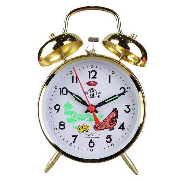 Rétro mécanique réveil métal or table horloge créative chambre chevet alarme de bureau montre horloges poulet picorer riz cadeau 211111