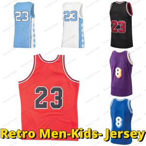 Retro Hommes Enfants Basketball Jersey Michael North Carolina Tar Heels Bryant 23 24 8 Jaune Rouge Violet Hommes Garçons chemises Fan cadeau