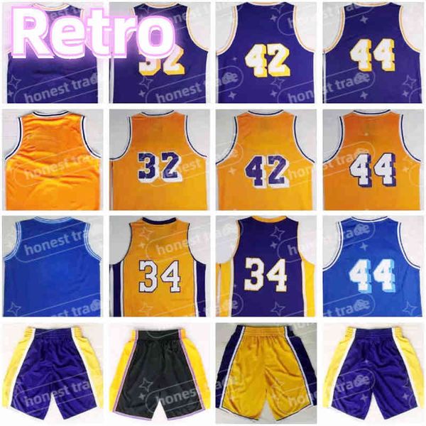 Retro Hombres Baloncesto Jerry 44 West Vintage 42 Worthy Jersey amarillo Todos los jerseys cosidos 34 Pantalones cortos Camisas Púrpura Azul Camiseta para hombre Uniformes T