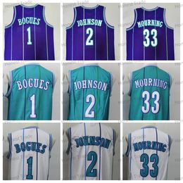Retro Men Basketball Man Tyrone 1 Muggsy Bogues Maillots Vintage 33 Mourning Glen 41 Rice Larry 2 Johnson Dell 30 Alonzo Green Purple Stitched Basketball Jersey