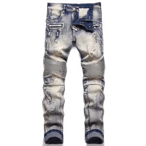 Jeans de motard rétro pour hommes déchirés coupe ajustée pantalon plissé extensible mode décontracté couture Streetwear taille 28-42 homme vêtements quotidiens