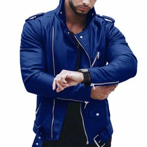 Veste en cuir pour hommes rétro Slim Fit Muscle moto col montant manteau de motard Zip Up vêtements d'extérieur manteau de finition vestes homme H9mi #