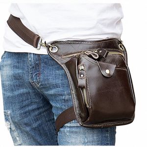 Sac de taille en cuir pour hommes rétro Sac de ceinture de sport multifonction Sac de jambe pratique en plein air Sacs de menger en peau de vache véritable pour homme F3ev #