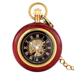 Retro Mannen Red Sandalwood Mechanische Zakhorloge Hoogwaardige Zwart Digitale Dial Dame Ronde Klok Gift Praktische Ketting Hanger