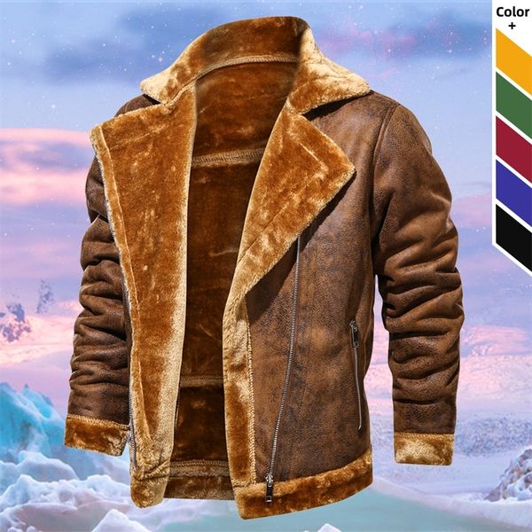 Rétro Hommes D'hiver En Daim Veste En Cuir De Mode Hommes Plus Velours Revers Manteaux De Fourrure Mâle Épaissir Chaud Casual Moto Outwear 201028