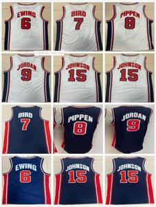 Maillots de basket-ball rétro pour hommes 1992 Dream Team 9 Michael Patrick Ewing 6 Scottie Pippen 8 Johnson 15 Bleu Blanc Vintage Basketball 3292329