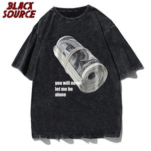 Retro Mens Street Clothing Hip Hop-bundel van geld bedrukt noodlijdende t-shirt Harajuku Summer Cotton Wash T-shirt 240426
