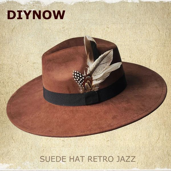 Retro Mens Suede chapeaux largeur plume plume fedoras womens église jazz panama cowboy grossale sombrero hombre 240402