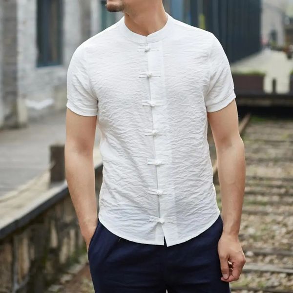 Chemise d'été rétro pour hommes col montant chemise à manches courtes pour hommes couleur unie coupe ajustée noeud boutonné chemise pour hommes chemise traditionnelle chinoise 240130