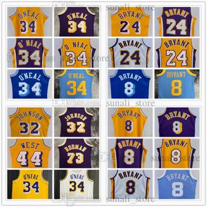 Jerseys de basket-ball rétro en maillage 34 Shaquille Bryant 32 Johnson Dennis 73 Rodman Jerry 44 West Vintage Jaune Purple Men de femmes