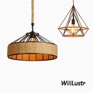 Retro Metalen Hennep Touw Hanglamp Diamond Yurt Suspension Light Hotel Bar Living Dining Slaapkamer Creatieve Industriële verlichting