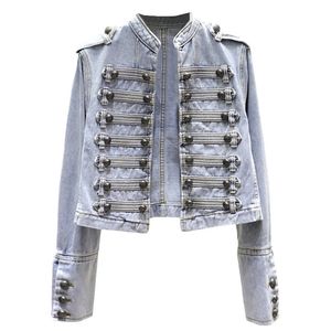 Style militaire rétro beau col montant vestes en jean femme double boutonnage sauvage mince court vestes en jean vêtement d'extérieur pour femmes 240125