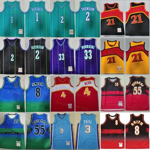 Retro Baloncesto Chris Paul Jersey 3 Spud Webb 4 Dikembe Mutombo 55 Steve Smith 8 Tyrone Muggsy Bogues 1 Larry Johnson 2 Alonzo Mourning 33 Rojo Blanco Vintage