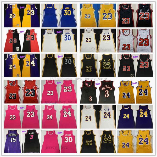 Retro Mitchell et Ness Women Dress Basketball Jerseys cousu 3 Allen Dwyane Iverson Wade 30 Stephen James Curry Jersey 2021 Pink Black