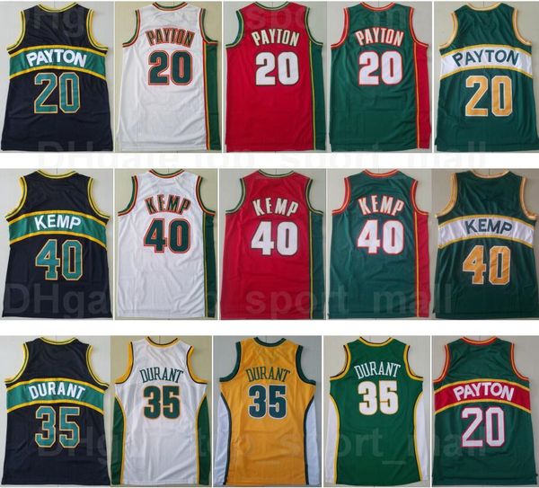 Mans Retro Gary Payton Basketball Jerseys 20 Kevin Durant 35 Shawn Kemp 40 Chemise d'uniforme de sport Couleur de l'équipe Vert Jaune Blanc Rouge Noir pour les fans de sport Vintage Hot Men