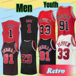 Retro MN Basketball Jersey 1 Derrick Rose 91 Dennis Rodman 33 Scottie Pippen Rouge Blanc Noir Stripe Enfants Hommes Chemises Cousu Vintage