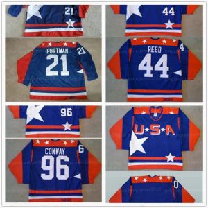 Film rétro 2017th The Mighty Ducks D2 Team USA Maillots de hockey Vintage cousu 96 Charlie Conway 44 Fulton Reed 21 Dean Portman Jersey Bleu Blanc Broderie