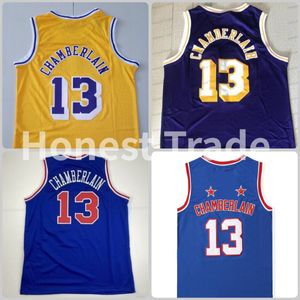 Retro Movie Basketball Jersey 13 Wilt Chamberlain Harlem Purple Yellow Vintage Mens gestikte truien Mesh